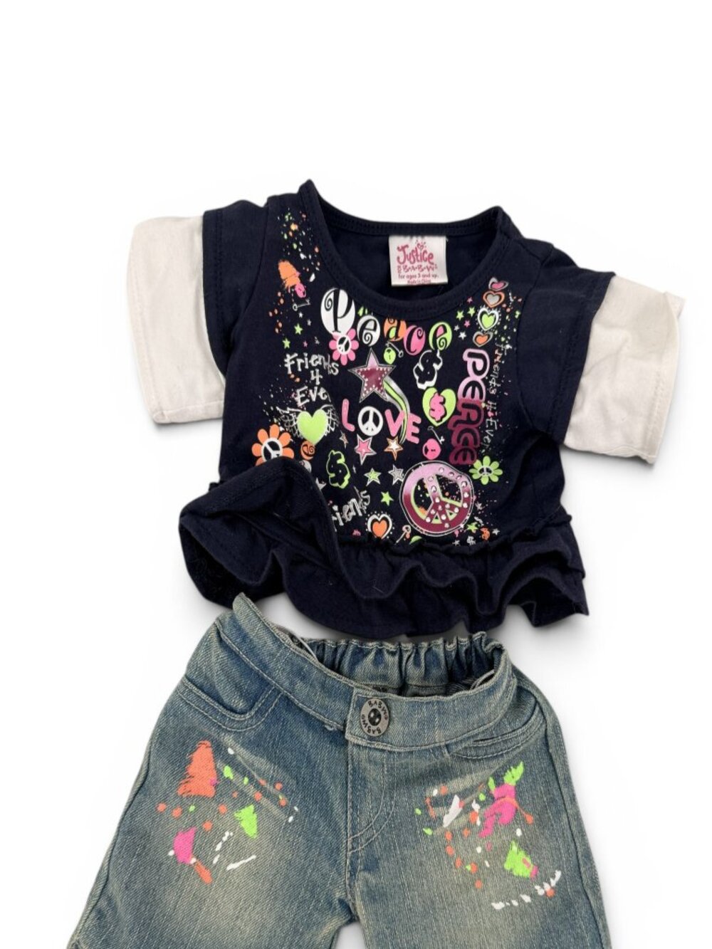 Build a Bear Rare Justice Peace Top Paint Splatter Denim Shorts Teddy Outfit Set